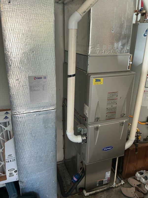 Completed monthly preventive maintenance on Carrier HVAC system per customer request after 12pm. Performed comprehensive cooling check including inspection of electrical components, motor controls, and system operation. Documented equipment condition with photos showing 25 HP 460V motor starter assembly and overall system configuration with PVC condensate drainage and insulated components. Customer to supply 16x25x4 filter separately as not included in basic monthly service agreement.