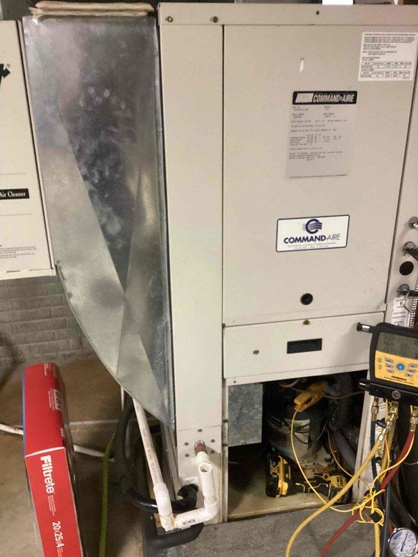 Performed comprehensive preventative maintenance on Command-Aire air handler unit that had not been serviced in two years. Completed full system inspection including filter replacement, electrical connections check, blower assembly cleaning, and refrigerant line inspection. All components found operating within normal parameters with no deficiencies noted; system returned to full operational status.