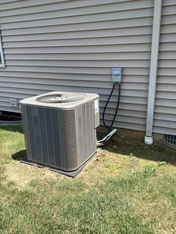Completed basic monthly cooling maintenance visit on Lennox residential HVAC system. Performed standard inspection of outdoor condenser unit, verified proper operation of refrigerant lines and electrical connections, and replaced 16x20x4 air filter. Thermostat confirmed operating in cooling mode with setpoint at 72°F and system maintaining proper temperature control in away mode.