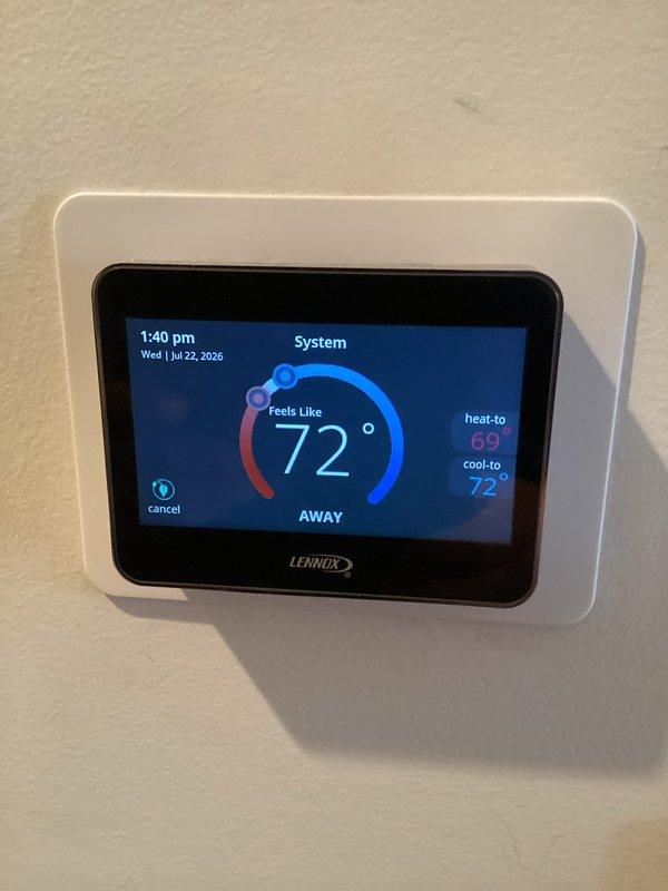 Completed basic monthly cooling maintenance visit on Lennox residential HVAC system. Performed standard inspection of outdoor condenser unit, verified proper operation of refrigerant lines and electrical connections, and replaced 16x20x4 air filter. Thermostat confirmed operating in cooling mode with setpoint at 72°F and system maintaining proper temperature control in away mode.