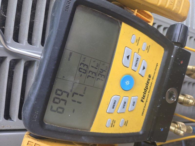 Returned to unit and successfully replaced the faulty suction transducer on the HVAC system. Verified proper operation with diagnostic equipment, confirming accurate pressure readings of 591 PSI on the suction line, and ensured all refrigerant lines and coil assembly connections were secure and functioning correctly.