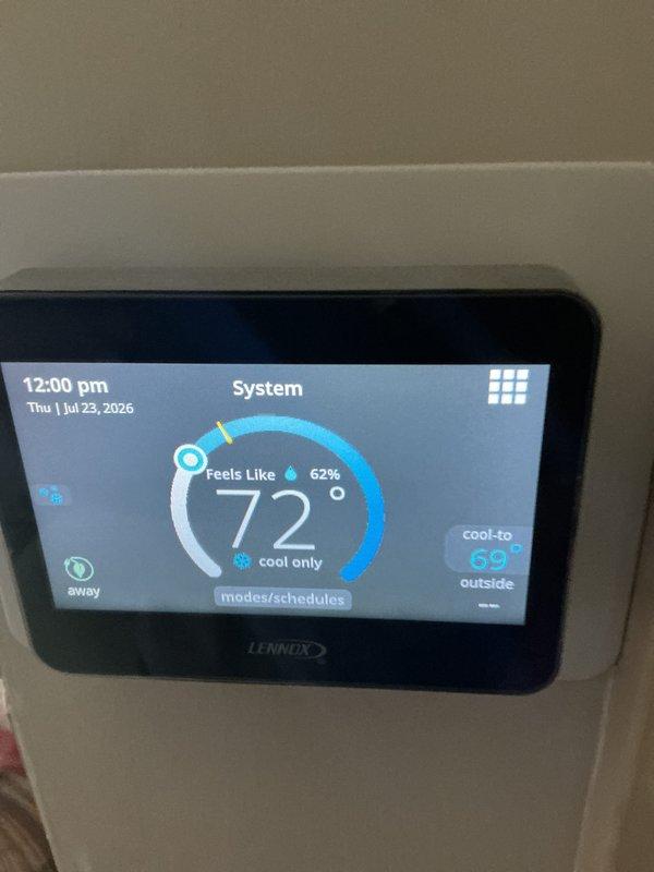 Completed comprehensive cooling maintenance on Lennox system. Performed standard CCC protocol including inspection of outdoor condensing unit, verification of refrigerant line connections, and thermostat operation check. System operating properly with thermostat displaying 72°F and cooling to setpoint of 69°F. Customer's comfort club contract renewed through 5/11/27 with 20x20x4 filter included in agreement.