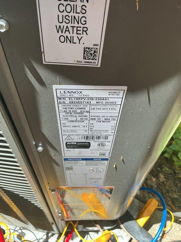 Completed annual cooling maintenance on Lennox EL19KPFV-036-230A01 system manufactured 06/2025. Performed temperature diagnostics on supply ductwork, inspected evaporator coil access panel and verified manufacturer specifications including 208/230V electrical requirements and 7 lbs 15 oz refrigerant charge. Customer requires 20x20x4 filter which was not included with this service visit.