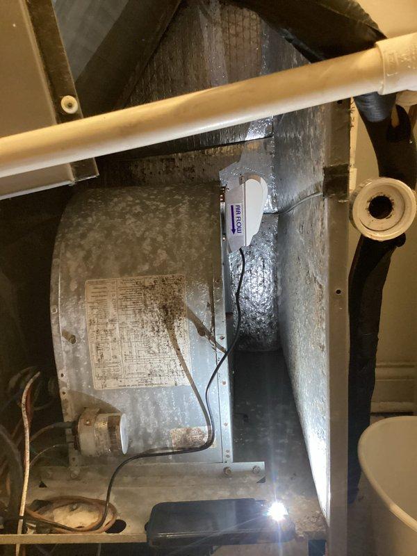 Completed comprehensive duct cleaning service at residential property, accessing HVAC system components located in attic mechanical space. Performed thorough cleaning of air handler unit and blower motor housing, removing accumulated dust and debris from cylindrical blower assembly and interior metal enclosure. Cleaned ductwork connections and surrounding mechanical components, addressing visible dirt buildup on motor casing and galvanized surfaces. Additionally completed dryer vent cleaning service to ensure proper ventilation and airflow. Documented pre-existing equipment condition showing normal operational wear on blower motor unit with manufacturer specification plate intact. All system components inspected and cleaned to restore optimal airflow efficiency and indoor air quality.