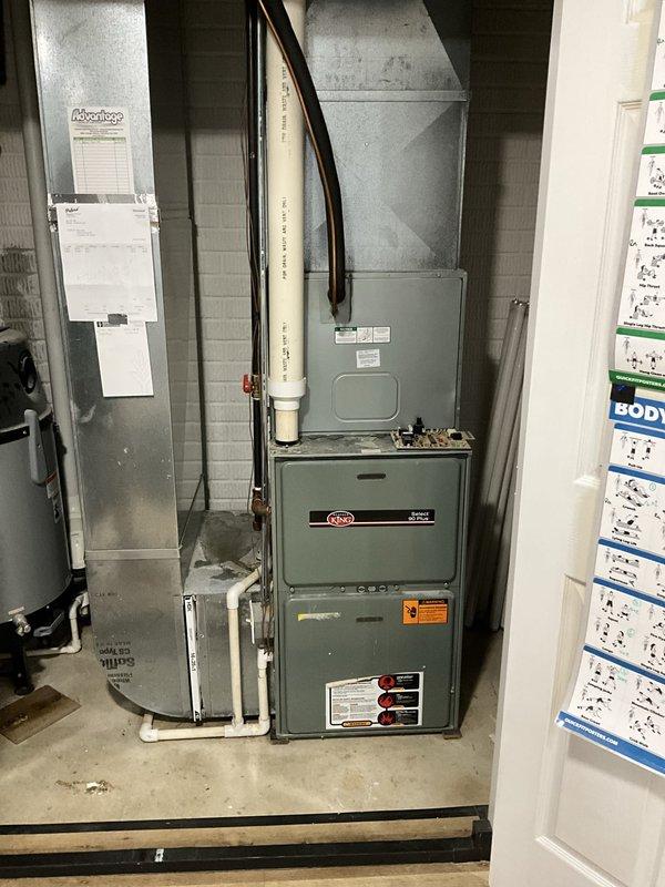 Completed HVAC system replacement estimate for residential property. Documented existing Weather King outdoor condensing unit and indoor furnace system currently installed in basement utility room. Photographed current equipment configuration including furnace with PVC venting, flexible ductwork connections, and outdoor condenser positioned on concrete pad with proper clearances. System assessment performed to provide replacement options for complete heating and cooling system upgrade.