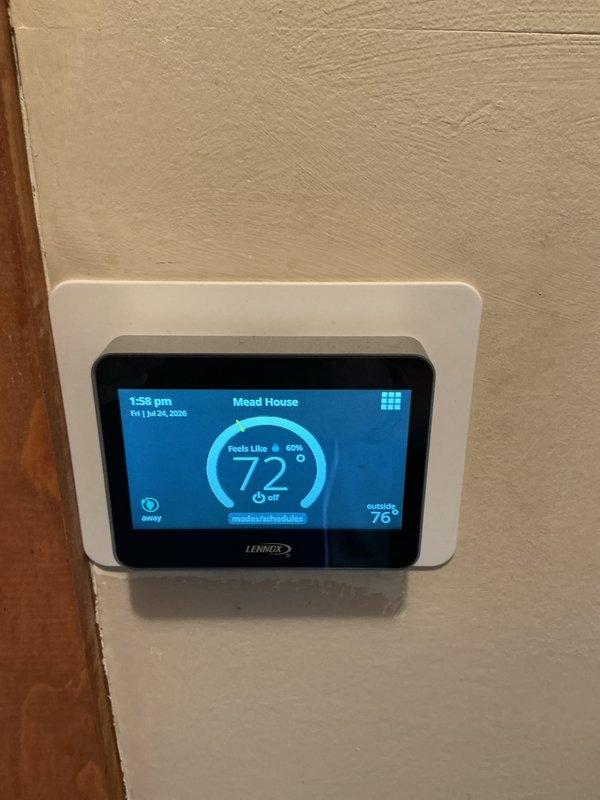 Completed preventative maintenance cooling tune-ups on two Carrier HVAC systems per account agreement. Performed comprehensive inspections, verified system operations, recorded service history on equipment labels, and confirmed proper thermostat functionality with Lennox control displaying accurate temperature readings and system communication.