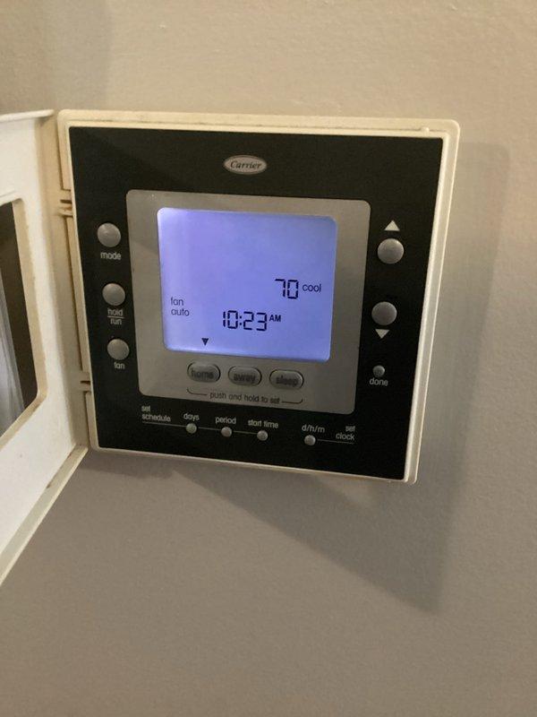 Completed basic monthly cooling maintenance visit on Carrier HVAC system. Performed standard system inspection and verification of thermostat operation, confirming unit was maintaining proper cooling mode at 70°F setpoint with fan set to auto mode. Verified 20x20x1 filter included per service agreement, and system found operating within normal parameters at time of service.