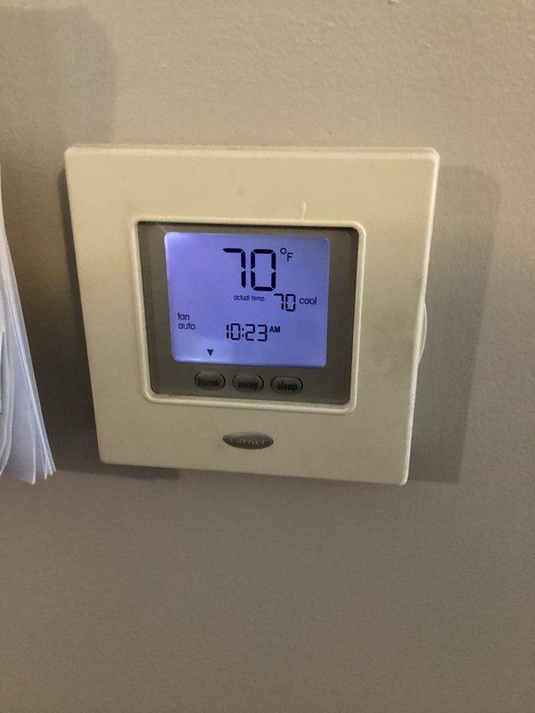 Completed basic monthly cooling maintenance visit on Carrier HVAC system. Performed standard system inspection and verification of thermostat operation, confirming unit was maintaining proper cooling mode at 70°F setpoint with fan set to auto mode. Verified 20x20x1 filter included per service agreement, and system found operating within normal parameters at time of service.