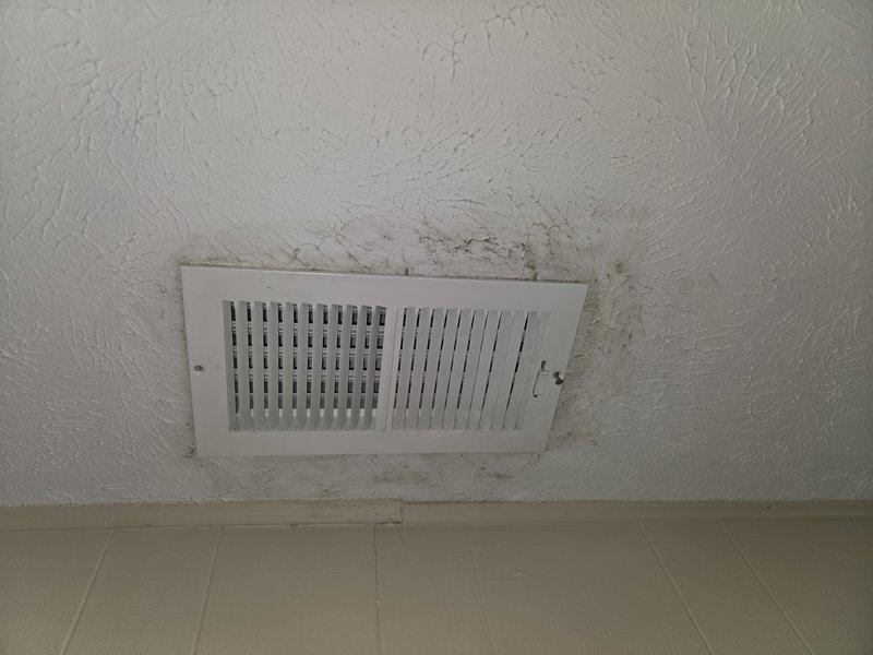 Responded to indoor air quality concern regarding reported mold growth in ductwork system. Upon arrival, performed visual inspection of accessible supply registers and documented conditions with photographs. Inspection revealed significant dust accumulation and dark staining patterns around multiple ceiling-mounted supply vents, with discoloration extending outward from register perimeters indicating potential moisture intrusion or microbial growth. Noted visible streaking and contamination on vent covers and surrounding ceiling surfaces. Documented current conditions for customer review and further remediation planning.