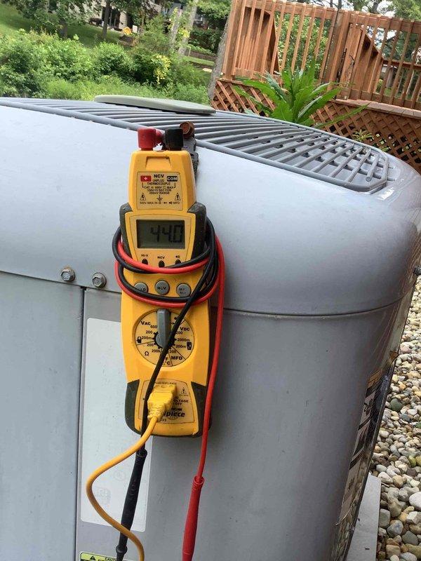 Responded to complaint of system not keeping up with cooling demand. Performed diagnostic evaluation of air conditioning system including airflow assessment and outdoor unit performance testing. Installed new Filtrete 16x20x4 air filter to improve system airflow and efficiency, and conducted operational measurements on condensing unit which showed 44.8-degree reading during testing.