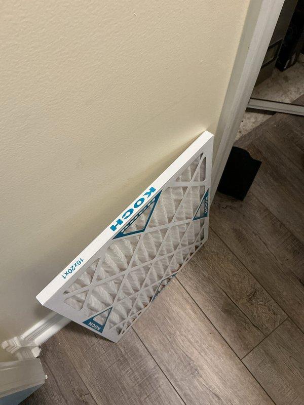 Completed cooling season maintenance on residential HVAC system. Verified Honeywell thermostat operation with system set to cooling mode at 74 degrees with fan in auto mode. Replaced 16x20x1 air filter with new Koch filter as part of preventative maintenance agreement renewal through 2/5/27.