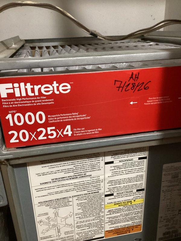 Completed basic monthly cooling maintenance visit on Goodman air conditioning system. Inspected outdoor condenser unit, which was found in good operating condition with refrigerant lines properly insulated and secured. Replaced 20x25x4 Filtrete 1000 MPR air filter in air handler unit and documented installation date. All system components inspected and operating within normal parameters.