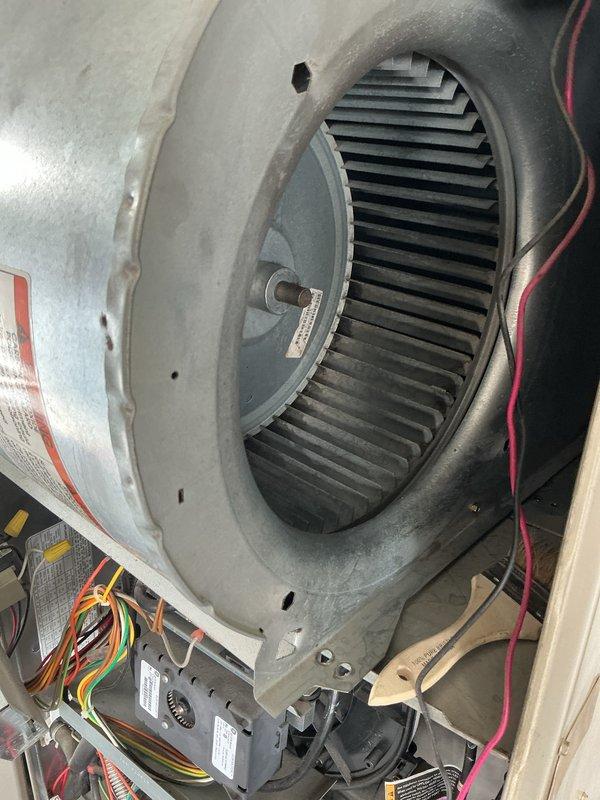 Completed blower assembly cleaning that was previously unfinished during last scheduled maintenance visit. Accessed air handler unit, removed and thoroughly cleaned squirrel cage blower wheel to remove accumulated dust and debris from fins. Inspected blower motor assembly, electrical connections, and control components for proper operation and secure mounting, confirming all wiring harnesses and relays remain in good working condition with no signs of damage or deterioration.