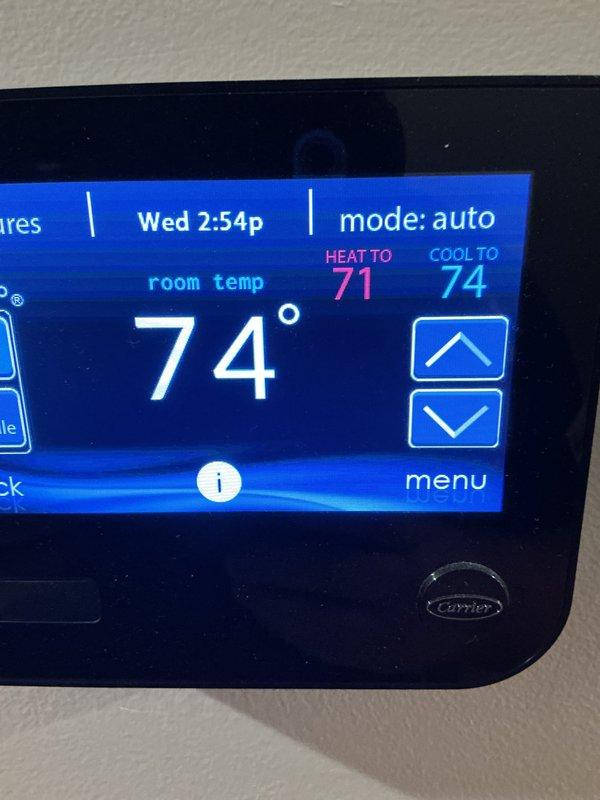 Completed monthly preventive maintenance on two HVAC systems under the CCC Basic service plan. Performed comprehensive system inspections of both indoor and outdoor units, verified proper operation of Carrier programmable thermostat with system set to auto mode and functioning correctly at setpoints, inspected outdoor condenser unit confirming proper placement on concrete pad with adequate airflow and clearances. Customer requires 20x25x4 filters which were not included in this service visit.