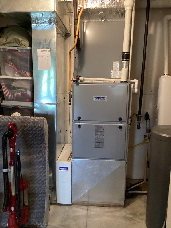 Completed basic monthly cooling maintenance visit on residential HVAC system. Performed routine inspection of Tempstar furnace unit in basement mechanical room and outdoor condenser unit, checking all accessible components, connections, and operational parameters. Replaced air filter, verified proper airflow through ductwork, and inspected copper refrigerant lines, gas piping, and electrical connections for both indoor and outdoor equipment to ensure system is operating efficiently for the cooling season.