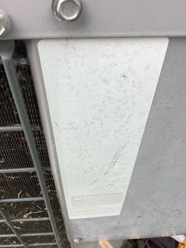 # A/C System Not Cooling - Diagnostic Service

Responded to service call for air conditioning system running but not cooling entire home. Upon arrival, located outdoor condensing unit - International Comfort Products model END4X36L17A1, manufactured October 2015, utilizing R-410A refrigerant.

Performed comprehensive system diagnostic to identify cause of no cooling condition. Inspected outdoor unit which showed signs of environmental wear and accumulated dirt/debris on exterior surfaces. Verified unit was receiving power and attempting to operate. Documented equipment data plate information and current system condition through photographic documentation.

System assessed and findings reviewed with customer regarding necessary repairs to restore cooling function. Customer declined service at this time.