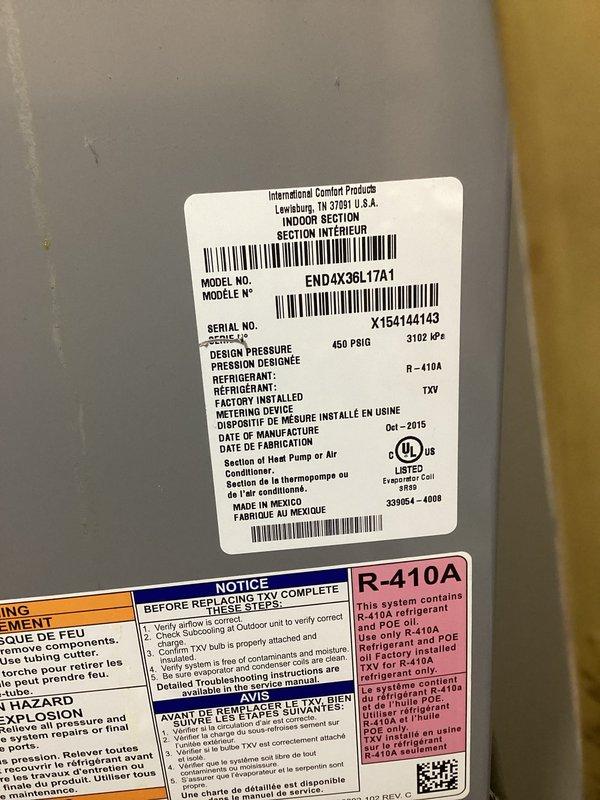 # A/C System Not Cooling - Diagnostic Service

Responded to service call for air conditioning system running but not cooling entire home. Upon arrival, located outdoor condensing unit - International Comfort Products model END4X36L17A1, manufactured October 2015, utilizing R-410A refrigerant.

Performed comprehensive system diagnostic to identify cause of no cooling condition. Inspected outdoor unit which showed signs of environmental wear and accumulated dirt/debris on exterior surfaces. Verified unit was receiving power and attempting to operate. Documented equipment data plate information and current system condition through photographic documentation.

System assessed and findings reviewed with customer regarding necessary repairs to restore cooling function. Customer declined service at this time.