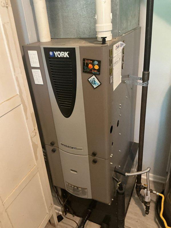 Completed basic monthly cooling maintenance on York air handler system. Performed routine inspection of unit components, verified proper operation of blower assembly, checked condensate drain lines and PVC piping for blockages, and replaced 16x20x1 air filter per service agreement. All system components operating within normal parameters with no issues identified during this preventive maintenance visit.