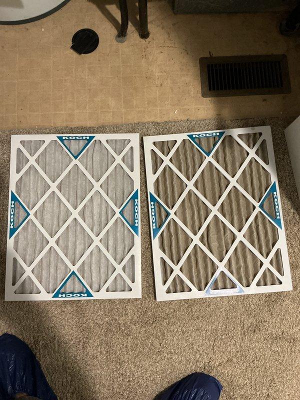 Completed basic monthly cooling maintenance service. Inspected HVAC system components and replaced air filters with KOCH brand filters due to visible dirt accumulation and discoloration. Documented equipment conditions including water heater and associated plumbing connections in mechanical room, verified proper operation of system components, and ensured all safety labels and identification markings were intact.