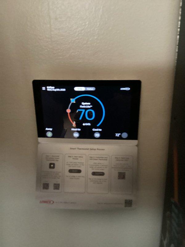 Completed comprehensive cooling maintenance service on Lennox HVAC system. Performed standard preventative maintenance procedures including inspection of air handler unit, verification of thermostat operation displaying 70°F setpoint, and replacement of 20x25x4 air filter as included with comfort club coverage. System evaluated and found operating within normal parameters. All condensate drainage, refrigerant lines, gas connections, and electrical components visually inspected with no issues identified. Service fulfilled outstanding comfort club agreement obligations.