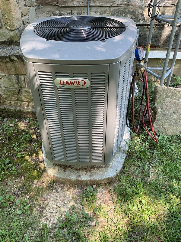 Completed annual cooling maintenance visit on Lennox air conditioning system. Performed comprehensive inspection of outdoor condenser unit, verified proper operation of compressor and condenser fan motor, checked refrigerant lines and electrical connections at exterior unit. Inspected and documented air filter condition in mechanical room. System operating within normal parameters. Noted filter size 20x20x4 not included in service agreement per customer's existing plan coverage.