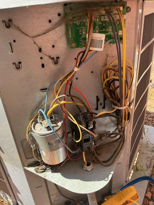 Completed monthly maintenance service on air conditioning system including comprehensive inspection of electrical and mechanical components. Performed visual assessment of control board, capacitor, contactor, and wiring connections; verified proper operation of all components. Unit access panels removed for thorough inspection, interior cleaning performed to remove accumulated debris and organic matter from cabinet base. Electrical testing conducted using digital multimeter to verify proper voltage and system performance. All components found operational, system returned to normal service. Customer advised that 16x25x4 filter is not included in basic monthly maintenance package and should be replaced separately.