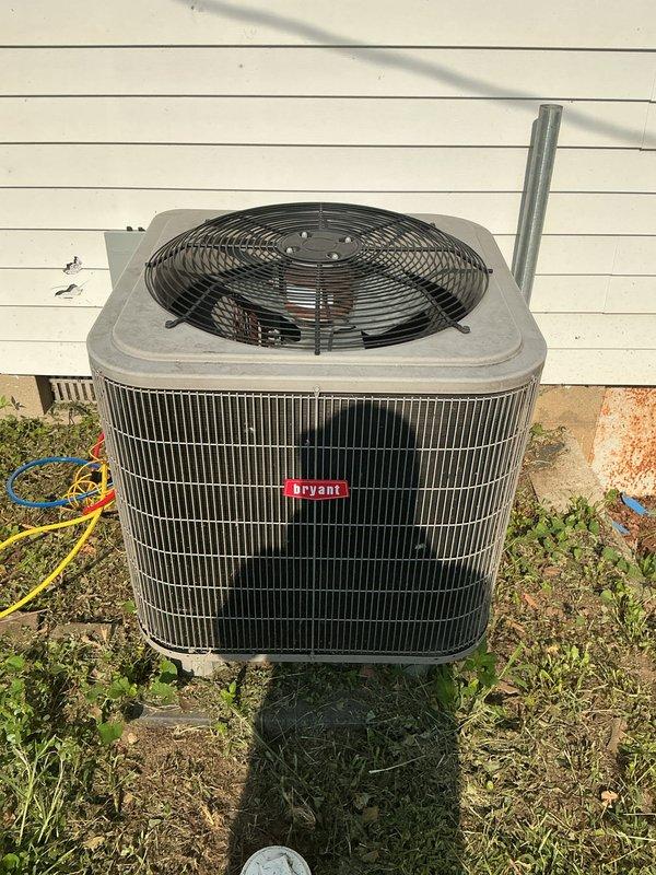 # HVAC Maintenance Summary

Completed routine monthly cooling system maintenance on Bryant outdoor condensing unit. Performed comprehensive inspection of blower motor assembly and fan components, noting dust accumulation on blower wheel blades indicating normal operational use. Verified proper motor shaft alignment and housing integrity. Inspected outdoor unit condenser coils, fan assembly, and electrical connections. All components found operational with no visible damage or deterioration. System operating within normal parameters upon completion of maintenance service.