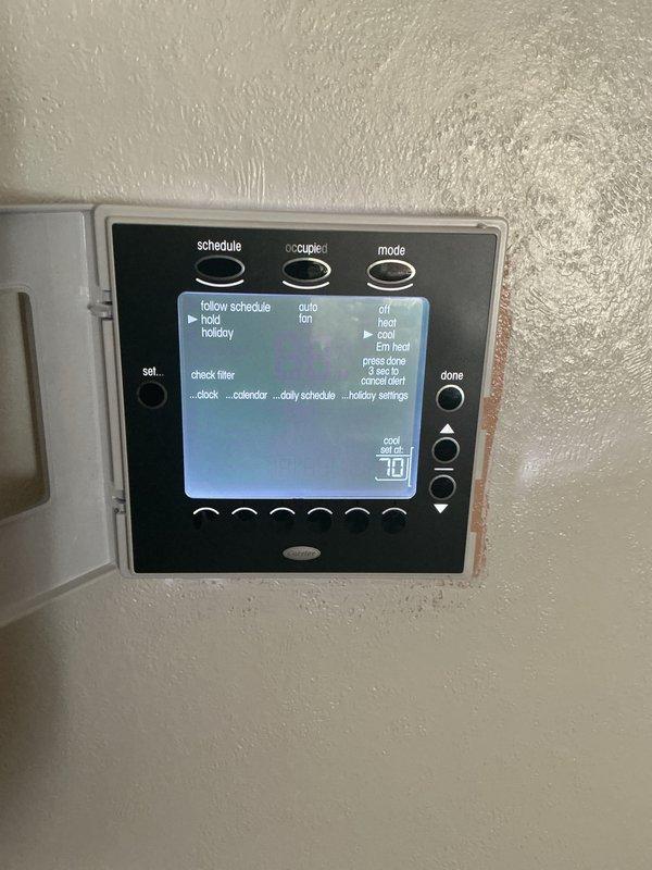# HVAC Maintenance - Cooling System Service

Completed basic monthly cooling maintenance visit on residential HVAC system. Performed standard inspection of thermostat operation, verifying Carrier programmable thermostat displayed proper settings and temperature control functionality at 70°F cooling setpoint. Conducted electrical diagnostics on outdoor condensing unit, testing capacitor voltage and amperage readings with digital multimeter to ensure proper electrical component operation. All system components operating within normal parameters. Filter replacement not included per service agreement specifications (16x25x4).