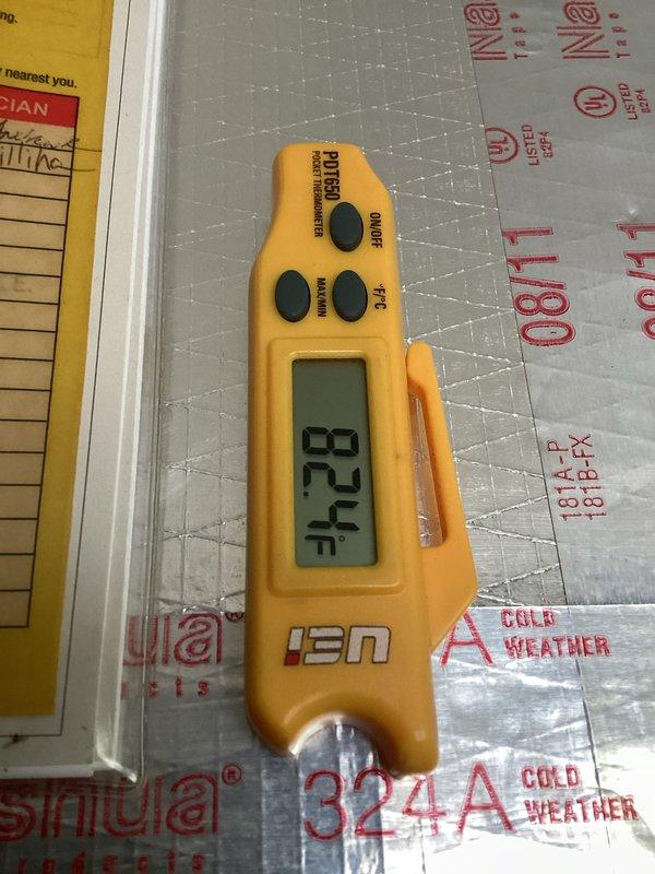 Responded to return service call for recurring issue. Measured supply air temperature at 87.4°F and inspected condenser unit. Applied EasySeal UV leak detection product to identify refrigerant leak in system. Trip fee waived by office due to recent previous service visit for same concern.