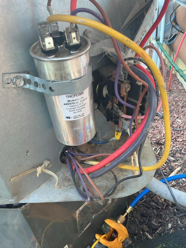 Completed comprehensive cooling maintenance per CCC basic monthly service protocol. Performed visual inspection of outdoor unit electrical components, including capacitor (model THCFD325) and contactor assembly. Verified all wire connections secure with proper routing of high and low voltage wiring. Inspected indoor air handler and replaced 20x25x1 pleated air filter with KOCH brand filter per service agreement inclusion. All electrical components operating within normal parameters. System tested and left in proper working condition.