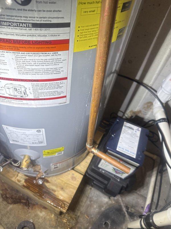 Responded to service call for water heater leak and discolored hot water throughout residence. Upon inspection, found water heater actively leaking despite previous flush attempt. Identified sediment buildup causing brown water discharge from all hot water faucets. Assessed water heater tank condition, circulator pump connections, and associated copper piping system. Inspected under-sink plumbing connections and brass fittings for additional leak points. Documented equipment condition including water heater labels, valve assemblies, and moisture accumulation. Recommended water heater replacement due to continued leaking and sediment contamination affecting water quality system-wide.