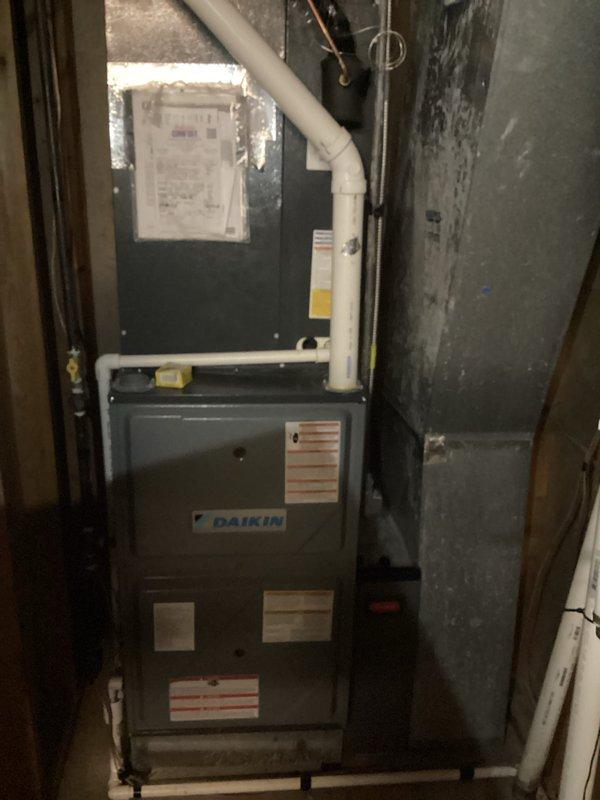 Completed basic monthly HVAC maintenance on Daikin cooling system. Inspected and serviced furnace unit, verified thermostat operation showing system cooling to setpoint of 74°F, and confirmed proper system functionality. Customer requires 20x25x4 filter which was not included in this service visit.