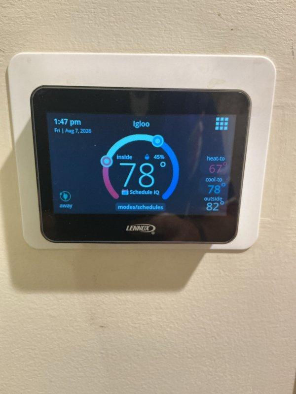 Completed annual cooling maintenance visit on Lennox HVAC system. Performed comprehensive system inspection including temperature differential measurements at supply ductwork, verified thermostat operation and programming on Lennox smart thermostat displaying proper cooling setpoint at 78°, and replaced 20x25x4 air filter. All components operating within normal parameters.
