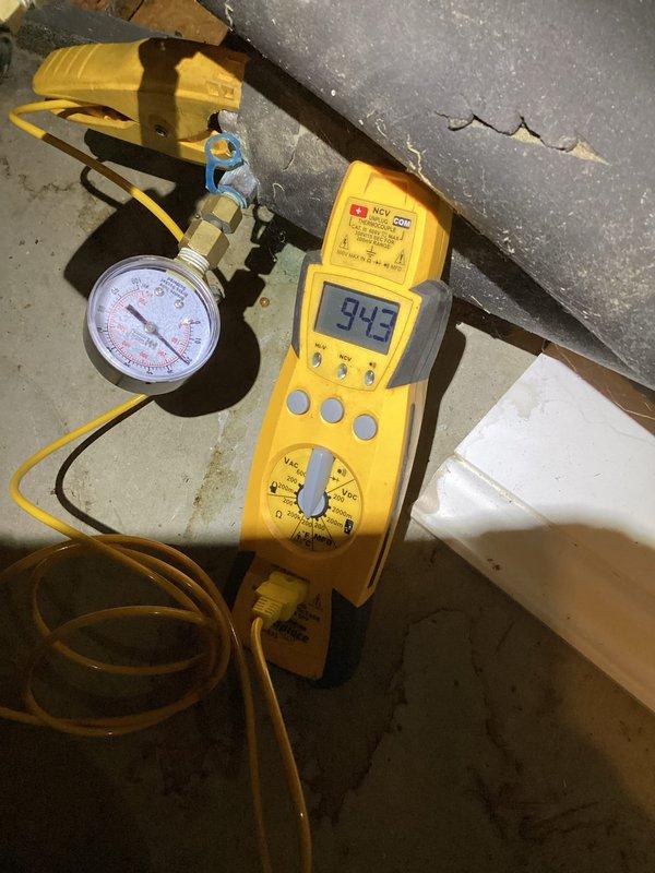 # HVAC Maintenance - Cooling System Service

Performed comprehensive monthly cooling system maintenance inspection and diagnostics. Utilized digital multimeter and refrigeration pressure gauges to measure system parameters and verify proper operating conditions, recording pressure readings of 943 PSI. Conducted visual inspection of mechanical components, ductwork, and refrigerant lines, noting visible wear on metal ductwork including surface cracking that will require monitoring. Examined copper refrigerant piping, brass fittings, and electrical connections within the unit's access compartment to ensure proper installation and connections. All critical system components, including wiring harnesses and mechanical connections, were inspected for integrity and proper function. System is operating within acceptable parameters at this time. Customer was advised that the 20x25x4 air filter was not included in this service visit and should be replaced separately as needed for optimal system p