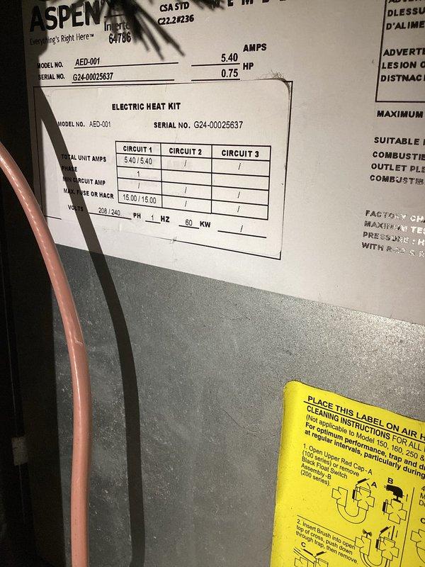 Responded to no heat/no cool service call with indoor temperature at 86°F on a 1-year-old heat pump system. Upon arrival, confirmed outdoor unit completely non-operational with no power to compressor or fan motor. Performed systematic electrical diagnostics including voltage checks at disconnect, contactor, and control board terminals. Inspected indoor air handler components, including electric heat kit (Model AED-001, 5.40 amps) and associated wiring connections. Traced power supply through system, checking for tripped breakers, blown fuses, and loose connections. Examined copper refrigerant lines, coil assembly, and heat exchanger components for any visible damage or obstruction. Verified proper thermostat operation and confirmed call for heating/cooling was being transmitted to equipment. Documented system specifications and component conditions through photographic evidence of indoor unit electrical panel, heat kit labels, copper tubing configuration, and coil assembly. System requ