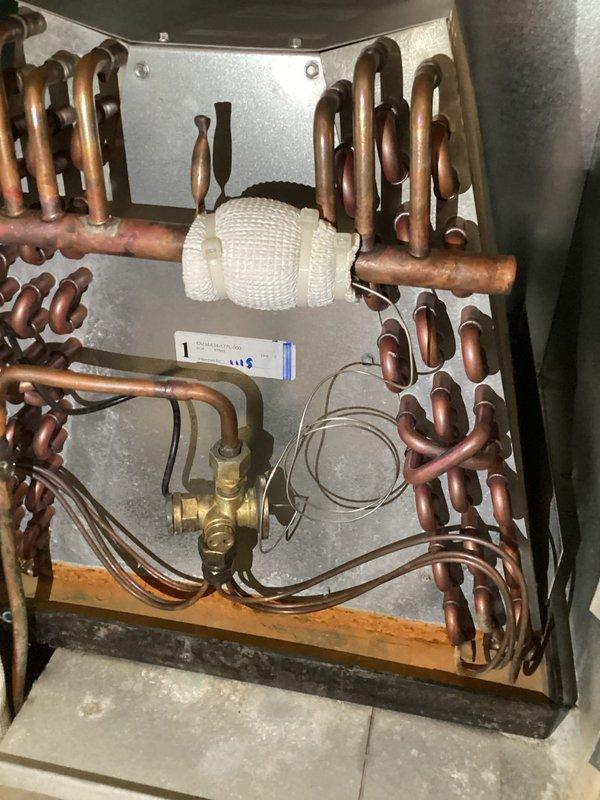 Responded to no heat/no cool service call with indoor temperature at 86°F on a 1-year-old heat pump system. Upon arrival, confirmed outdoor unit completely non-operational with no power to compressor or fan motor. Performed systematic electrical diagnostics including voltage checks at disconnect, contactor, and control board terminals. Inspected indoor air handler components, including electric heat kit (Model AED-001, 5.40 amps) and associated wiring connections. Traced power supply through system, checking for tripped breakers, blown fuses, and loose connections. Examined copper refrigerant lines, coil assembly, and heat exchanger components for any visible damage or obstruction. Verified proper thermostat operation and confirmed call for heating/cooling was being transmitted to equipment. Documented system specifications and component conditions through photographic evidence of indoor unit electrical panel, heat kit labels, copper tubing configuration, and coil assembly. System requ