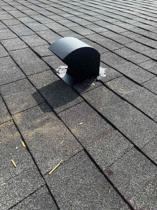 Installed new exhaust fan termination assembly through residential roof with proper weatherproof flashing and sealing. Ran new exhaust duct hose from existing fan unit to the roof termination point, ensuring secure connections and proper ventilation pathway. Verified all penetrations are properly sealed to prevent water infiltration and confirmed exhaust system is functioning correctly.