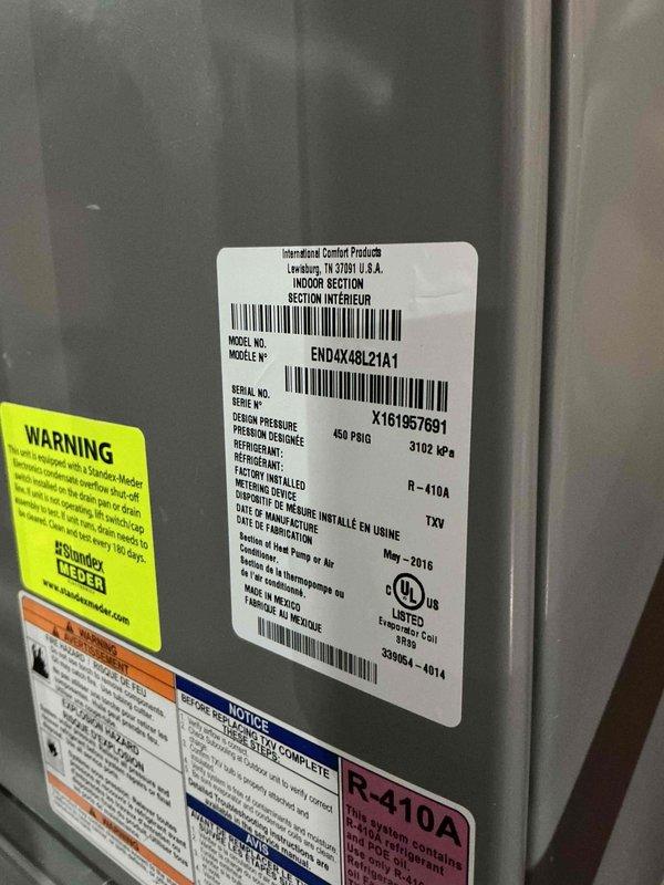 Completed annual cooling maintenance on International Comfort Products HVAC system, model ENDAX48L21A1, utilizing R-410A refrigerant. Performed comprehensive inspection of outdoor condensing unit and indoor Tempstar furnace/air handler, verifying proper operation of all cooling components and documenting equipment condition through photographic records.