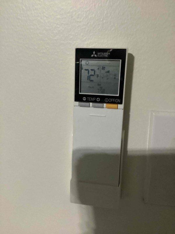 Completed monthly maintenance on two Mitsubishi Electric ductless mini-split systems. Verified both units operational at 72°F, documented wall-mounted remote control locations and configurations, and photographed equipment for service records. Filter sizes were documented as requested for future maintenance scheduling.