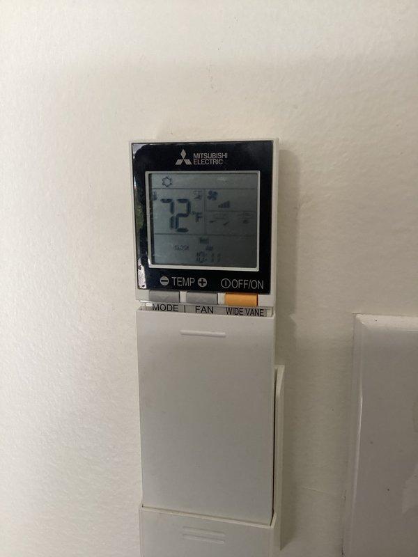 Completed monthly maintenance on two Mitsubishi Electric ductless mini-split systems. Verified both units operational at 72°F, documented wall-mounted remote control locations and configurations, and photographed equipment for service records. Filter sizes were documented as requested for future maintenance scheduling.