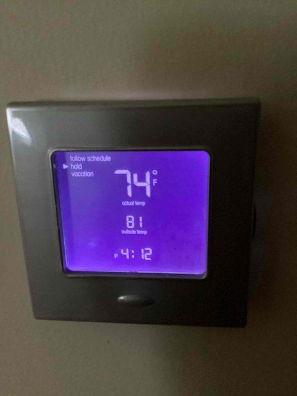 Completed basic monthly cooling maintenance visit on residential HVAC system. Performed standard inspection and preventive maintenance procedures on cooling equipment. Updated maintenance record sheet with service documentation and technician information. Verified thermostat operation and programming settings, confirming current temperature reading of 74°F with scheduled setpoint of 81°F and proper display functionality. System operating within normal parameters with no issues identified during inspection.