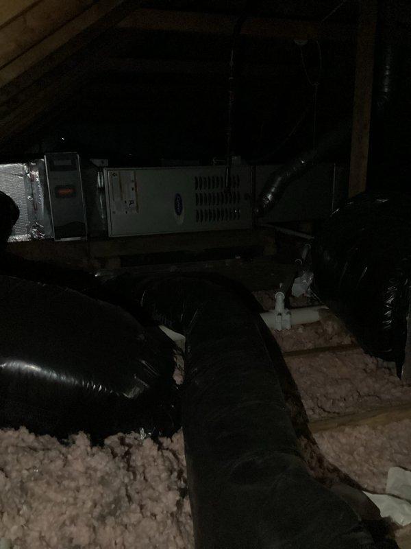 Completed scheduled AC tune-up and preventative maintenance on 2019 Carrier system located in attic space. Performed comprehensive inspection of all components, verified thermostat operation showing proper cooling mode at 68°F setpoint, checked airflow and ductwork connections, and confirmed system is operating within manufacturer specifications.