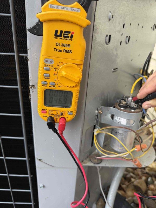 Performed preventative maintenance tune-up on residential outdoor condensing unit for new homeowner establishing regular service schedule. Conducted electrical diagnostics using digital clamp meter to verify proper amperage draw and tested capacitor functionality to ensure system components operating within manufacturer specifications. Inspected condenser coil fins, verified unit level on pad, and confirmed all electrical connections secure.