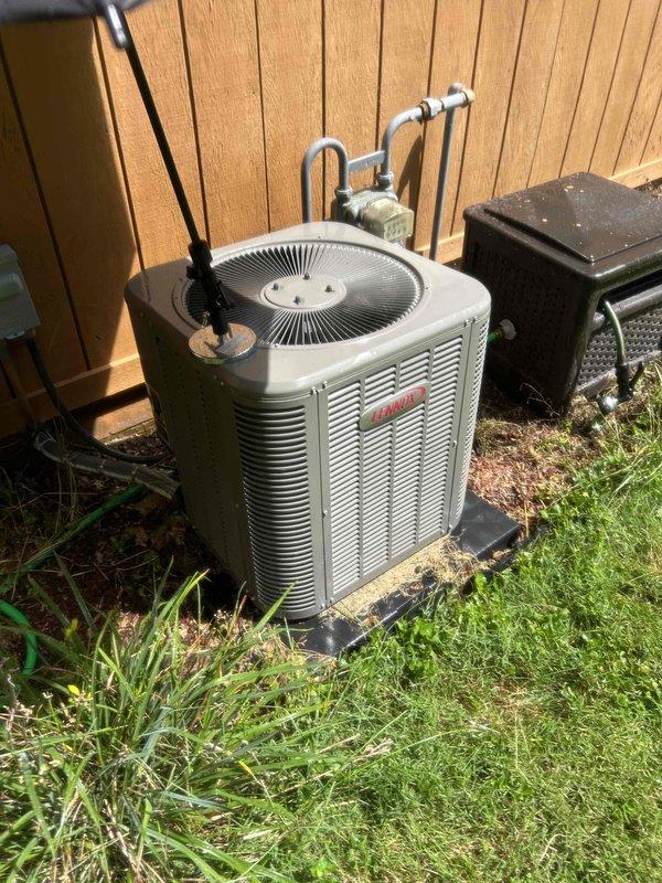 Completed basic monthly cooling maintenance on Lennox split system. Inspected outdoor condenser unit, verified proper operation of compressor and condenser fan, checked refrigerant line insulation and electrical connections. Inspected indoor furnace and air handler, confirmed condensate drain lines clear and operational, verified airflow through system. All components operating within normal parameters, no issues identified during inspection.