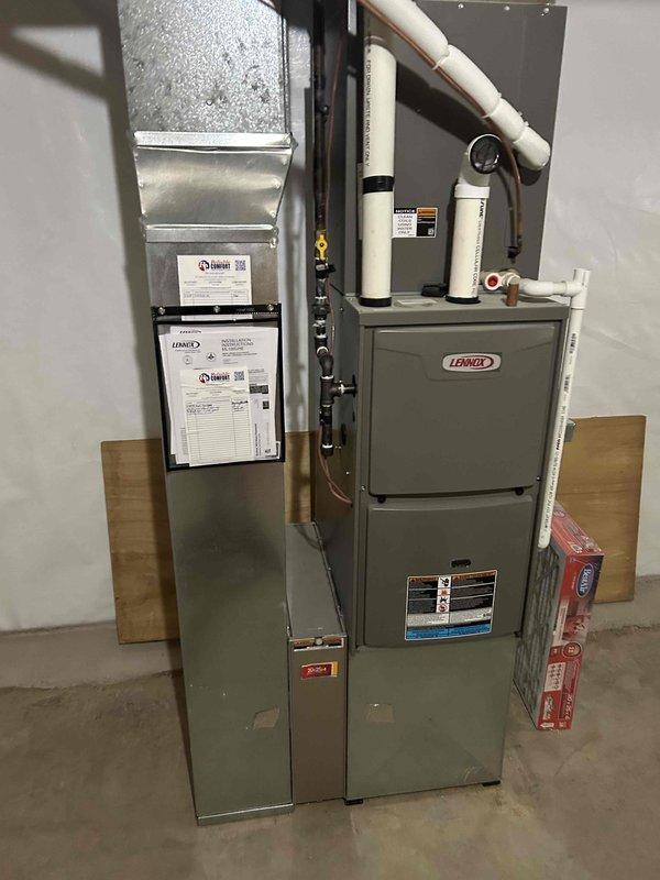 Completed basic monthly cooling maintenance on Lennox split system. Inspected outdoor condenser unit, verified proper operation of compressor and condenser fan, checked refrigerant line insulation and electrical connections. Inspected indoor furnace and air handler, confirmed condensate drain lines clear and operational, verified airflow through system. All components operating within normal parameters, no issues identified during inspection.