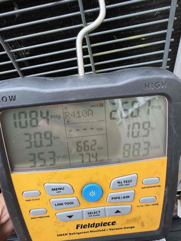 Replaced failed compressor on HVAC unit. Picked up replacement compressor from South Central supply house. Recovered existing refrigerant, removed defective compressor, and installed new unit. Evacuated system to proper vacuum levels, recharged with refrigerant to manufacturer specifications, and verified proper operating pressures and temperatures using digital manifold gauges. System tested and operating within normal parameters with suction pressure at 108 psig and discharge pressure at 259 psig.