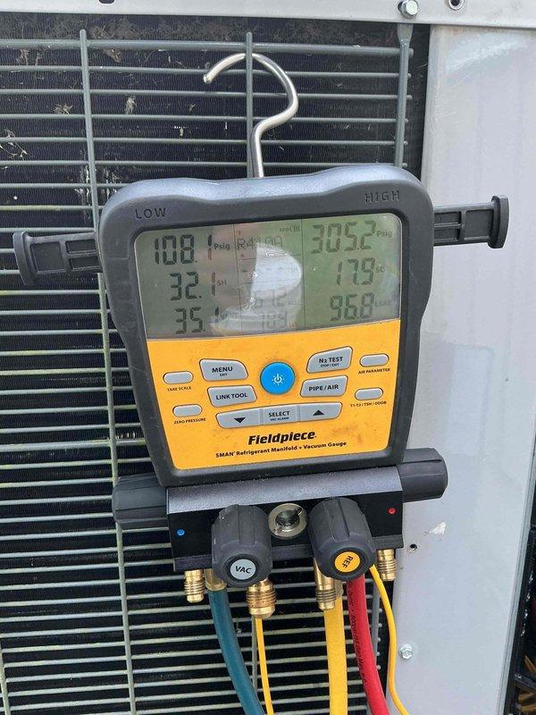 Replaced failed compressor on HVAC unit. Picked up replacement compressor from South Central supply house. Recovered existing refrigerant, removed defective compressor, and installed new unit. Evacuated system to proper vacuum levels, recharged with refrigerant to manufacturer specifications, and verified proper operating pressures and temperatures using digital manifold gauges. System tested and operating within normal parameters with suction pressure at 108 psig and discharge pressure at 259 psig.