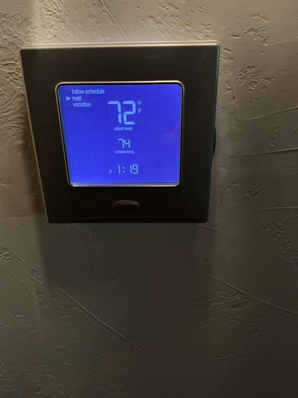 Completed comprehensive maintenance service on both heating and cooling systems. Performed full system inspection of Carrier air handler unit and associated HVAC components. Verified thermostat operation and programming settings, confirming proper temperature control and scheduling functions. Inspected refrigerant lines, condensate drainage system with PVC piping and pump, and all electrical connections. Checked air handler cabinet, safety labels, and mounting. Documented equipment condition through photographs. System operating within normal parameters. Customer advised that 16x25x4 air filter is not included with service agreement, which renews 7/29/26.