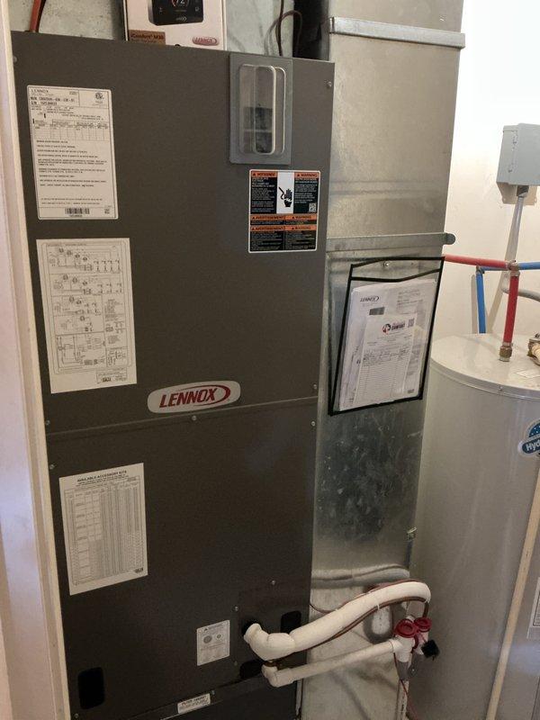Completed basic monthly cooling maintenance visit on residential HVAC system. Inspected Lennox air handler unit, verified proper operation of cooling components, and measured supply register airflow and temperature to confirm system performance within manufacturer specifications.