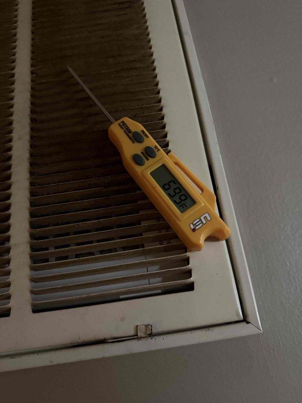 Completed routine cooling system maintenance on residential HVAC unit. Verified thermostat operation at 77°F, measured supply air temperature at 83.8°F at register, and replaced 20x20x1 air filter per maintenance protocol.